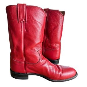 Vintage Justin Boots Women’s Red Leather Mid-Calf Roper Cowgirl Boho Festival